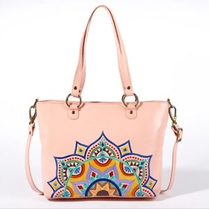 Anuschka Hand Painted Leather Tote Bag Pale Pink Colourful Mandala Crossbody NWT